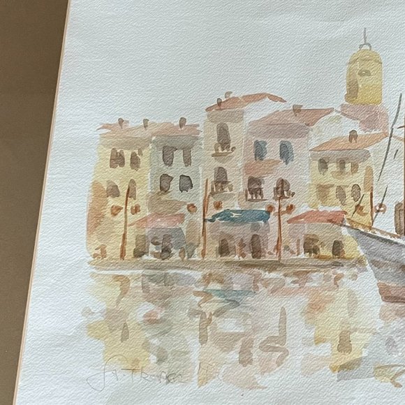 Charming Watercolor Painting of St. Tropez Harbor 1980s. - Picture 4 of 5